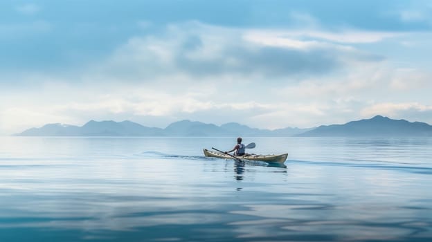 People paddles kayak in the lake or sea with turquoise water. ai generative.