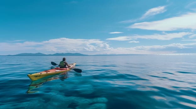 People paddles kayak in the lake or sea with turquoise water. ai generative.