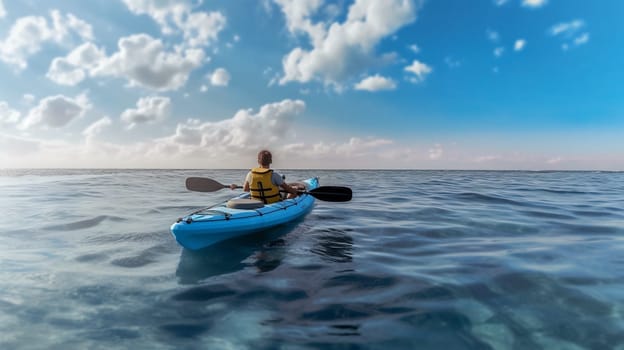 People paddles kayak in the lake or sea with turquoise water. ai generative.