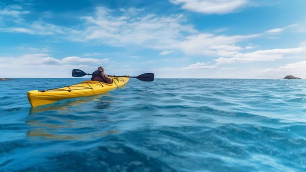 People paddles kayak in the lake or sea with turquoise water. ai generative.