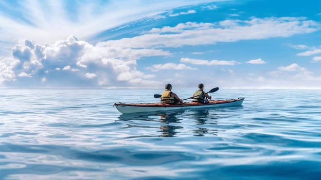 People paddles kayak in the lake or sea with turquoise water. ai generative.