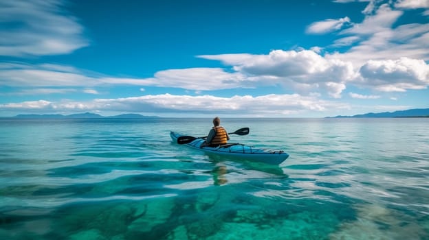 People paddles kayak in the lake or sea with turquoise water. ai generative.