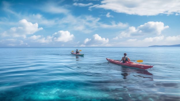 People paddles kayak in the lake or sea with turquoise water. ai generative.