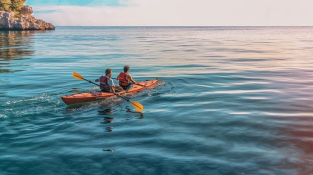 People paddles kayak in the lake or sea with turquoise water. ai generative.