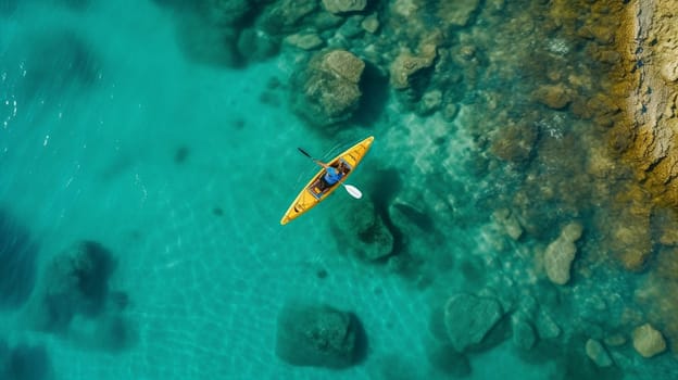 Canoe kayak in infinite clear turquoise blue transparent Sea, aerial drone top view. Summer vacation fun, relax and sport activity. Ai generative.