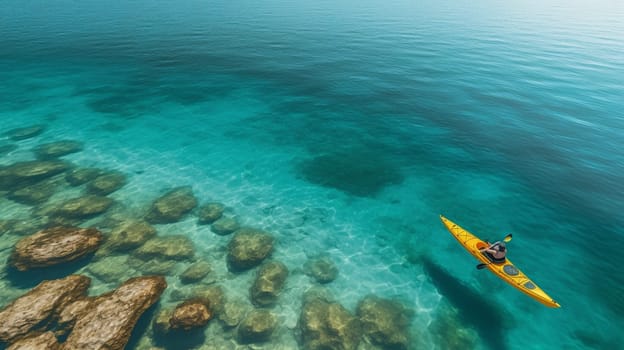 Canoe kayak in infinite clear turquoise blue transparent Sea, aerial drone top view. Summer vacation fun, relax and sport activity. Ai generative.