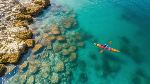 Canoe kayak in infinite clear turquoise blue transparent Sea, aerial drone top view. Summer vacation fun, relax and sport activity. Ai generative.