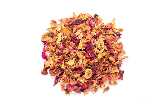 Handful of isolated dried rose petals, leaves, buds on white background. Desiccated colorful flower petals for aromatic herbal tea, beverage. Horizontal plane, close up, top view. High quality photo