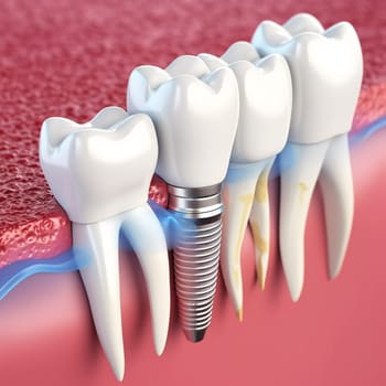 Dental teeth implant insert to gum. 3D rendering.