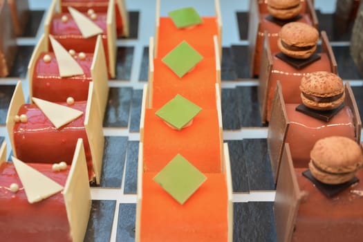 French pastries.Chocolate cakes on display a confectionery shop in France.