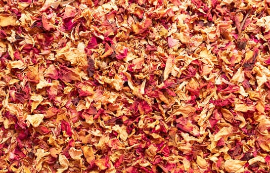 Texture dried rose petals, leaves. Potpourri, desiccated rose buds background. Top view aromatic herbal beverage made from fragrant flowers. Horizontal from above, space for text. High quality photo