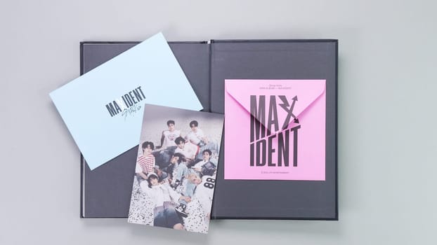 Stray Kids MAXIDENT mini Album Box set on grey. Music CD. South Korean boy band StrayKids. Space for text. Gatineau, QC Canada - December 07 2022.