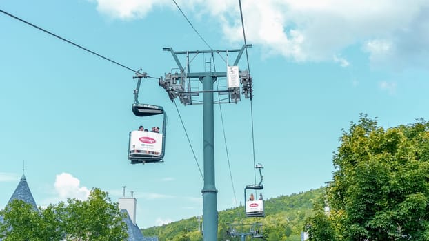 Sightseeing views by cable car at Mont Tremblant ski Resort in summer. Ski resort village view from open funicular cabin. Mont-Tremblant, Quebec, Canada - 22.09.2022.