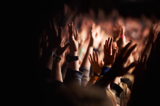 Feel the music. An audience with hands raised at an outdoors festival
