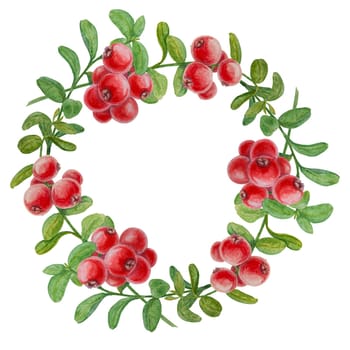 Wild red berries watercolor wreath. Hand drawn botanical realistic illustration. Forest cranberry, cowberry branch isolated on white background.Great for printing on fabric, postcards, invitations, menus