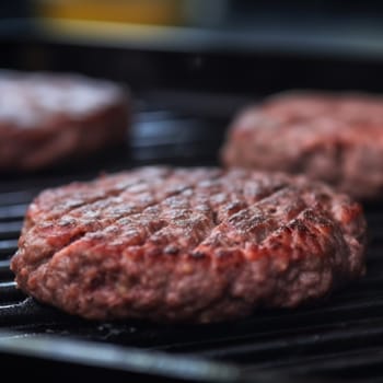 Delicious hamburger patty on grill. High quality photo