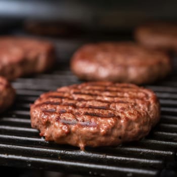 Delicious hamburger patty on grill. High quality photo
