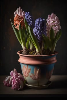 A variety of flowering hyacinths stand in a brown ceramic pot on the wooden table, on dark background. Vertical. Ai generative. Close up