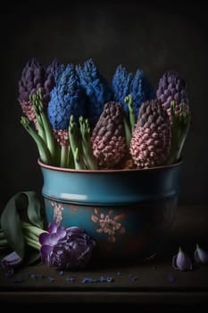 Several multicolored flowering hyacinths stand in an old ceramic pot on the wooden table, on dark background. Vertical. Ai generative. Close up