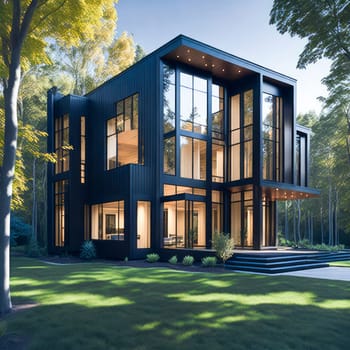 Newly constructed contemporary home with maple fall trees under blue sky. Ultra modern, minimalistic, stylish house in black. A close up of a brand new structure. Generative Ai