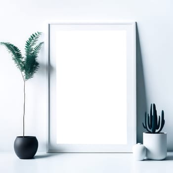 Empty wooden picture frame mockup. Golden vase with plant on white table. White wall background. Elegant working space. Scandinavian interior design. Home office concept. Generative Ai