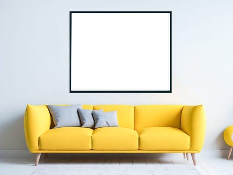 Blank frame mockup for artwork or print on white wall with yellow couch, copy space. Interior design. Generative Ai
