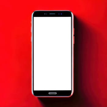 Realistic smartphone blank screen mockup on red background. Mobile phone template. Space for text. Generative Ai.