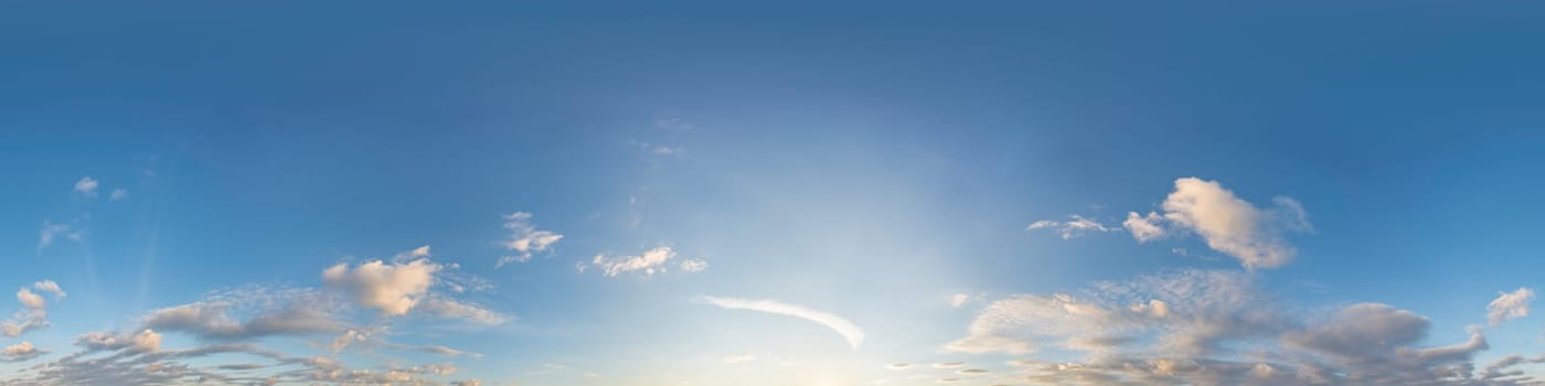 Dark blue sunset sky panorama with pink Cumulus clouds. Seamless hdr 360 pano in spherical equirectangular format. Full zenith for 3D visualization, game, sky replacement for aerial drone panoramas