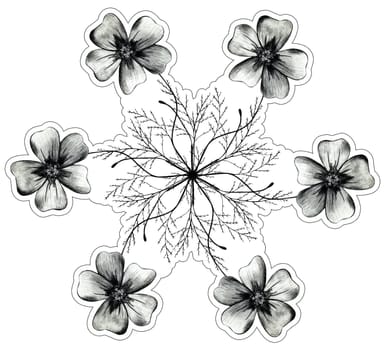Black and White Hand Drawn Marigold Flower Round Composition Sticker Isolated on White Background. Marigold Flower CompositionSticker Drawn by Black Pencil.