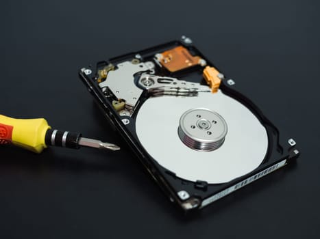 Memory repair concept. Repair of storage systems. Hard disk repair. Hard disk with screwdriver on dark background