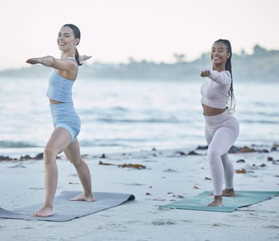 Friends, yoga and stretching on the beach for health, wellness and body fitness by the ocean. Seaside, sport and active women yogi with friendship for active, fit and peaceful workout or exercise.