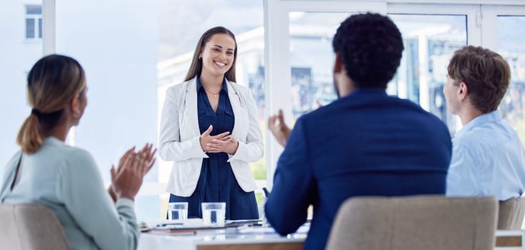 Business people, presentation in meeting with applause and speaker, support and team work, diversity in conference room. Collaboration, leadership and motivation with happy group, success and pride.