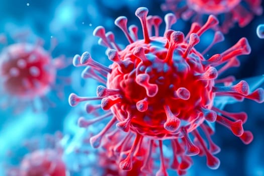 An electron microscope image of a virus, possibly coronavirus, with its characteristic spikes and circular shape. Generative Ai