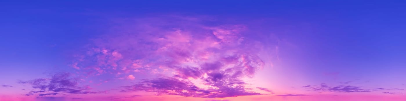 Blue sky panorama with magenta Cirrus clouds in Seamless spherical equirectangular format. Climate and weather change