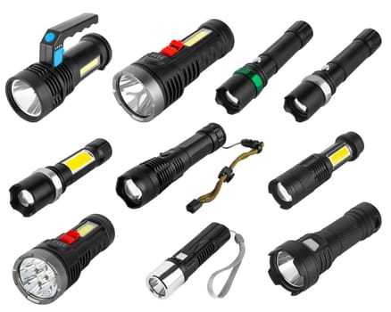 Hand-held LED flashlight white background in insulation