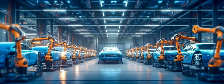 robotic car production line, photorealistic banner with copy space, wallpaper, made with Generative AI. High quality illustration