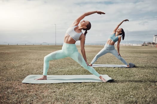 Pilates, exercise and wellness with woman friends in the park together for mental health or fitness. Exercise, zen and training with a female and yoga friend outside on a field for a summer workout.