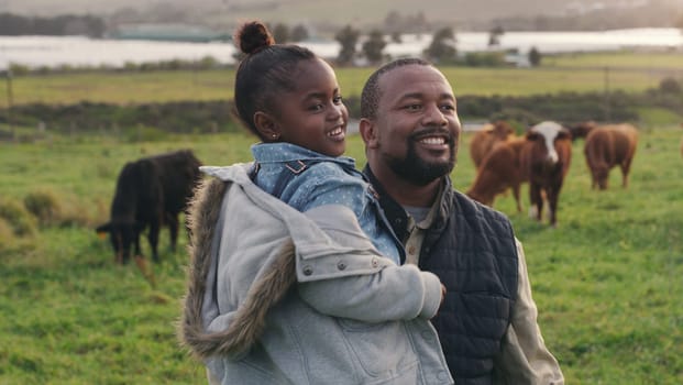 Happy, farming and father and child on a farm for sustainability, cattle and agriculture. Smile, African and a girl kisd learning about animals in the countryside for sustainable business and freedom.