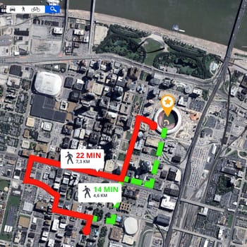 Satellite map, direction and location pin with travel information and navigation guide with route for trip. Technology, app and aerial view with journey data, transportation destination and landmark.