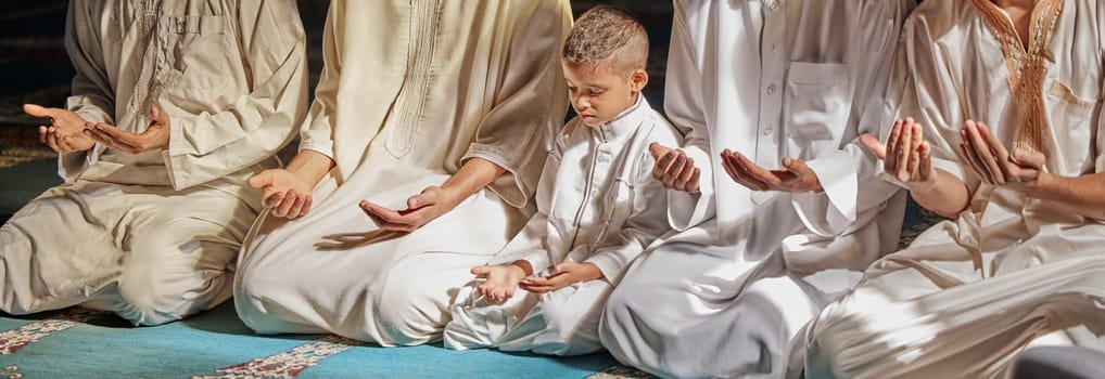 Muslim pray, child or men learning to worship Allah in holy temple or mosque with gratitude as a family. Islamic, education or people in praying with boy or kid for Gods teaching, spiritual peace.