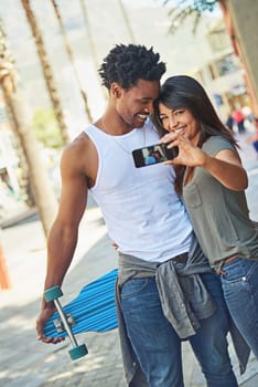 Black couple, phone and travel with smile for selfie, vacation or summer break and relationship moment. Happy African American woman and man smiling for photo, bonding and traveling in the outdoors.