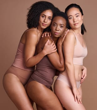 Beauty, diversity and skincare with portrait of women for self care, body positive and cosmetics. Wellness, products and natural with model for community, facial and luxury in brown background studio.