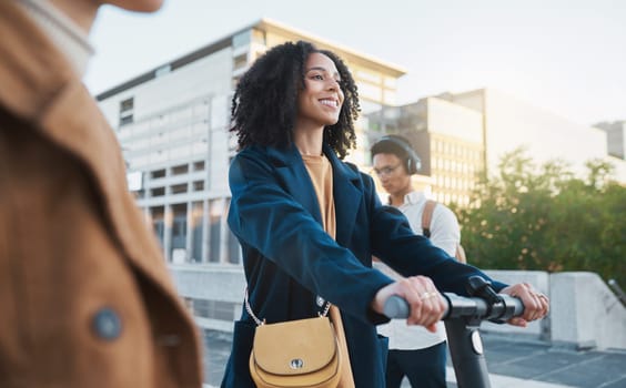 Scooter, university and student friends or people with social, transportation and travel together for gen z, college and youth. Happy black woman on electric scooter at campus or in urban city street.