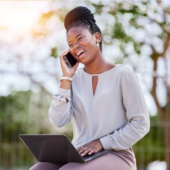 Black woman, laptop and phone call outdoor for business conversation, creative planning and morning strategy management. African girl, digital tech communication and corporate call in nature park.