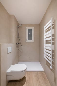 Bathroom with toilet, shower and heating radiator. Vertical view of modern minimalist interior.