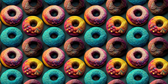 Multicolored donuts. Designer baked goods. A composition of donuts sprinkled with multi-colored powdered sugar. Ai Generated