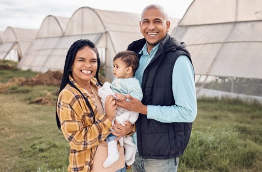 Mother, father and baby in portrait at farm, outdoor and happy for infant kid, growth and sustainable small business. Black family, child and smile for farming sustainability with love by greenhouse.