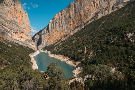 Beautiful landscape of gorge with lake and forest. Congost de Mont Rebei, Catalonia, Spain