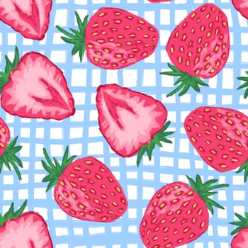 Hand drawn seamless pattern with pink strawberry on blue white tartan plaid. Summer picnic food fruit berry print, fresh food strawberries green leaves, cut in halves, bright coloful spring design