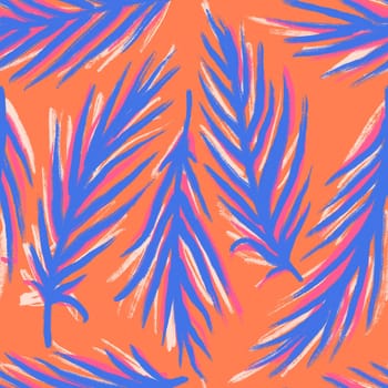 Hand drawn seamless pattern with blue palm leaves monstera leaf, orange girl fabric print. Tropical jungle holiday vacation design, cute summer plant nature bright colorful vibrant